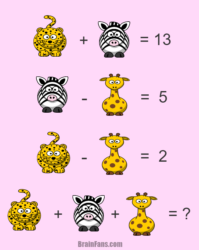 Brain teaser - Number And Math Puzzle - Three animals - Math puzzle with three animals. Leopard, zebra and giraffe mean a number. Can you find these numbers?