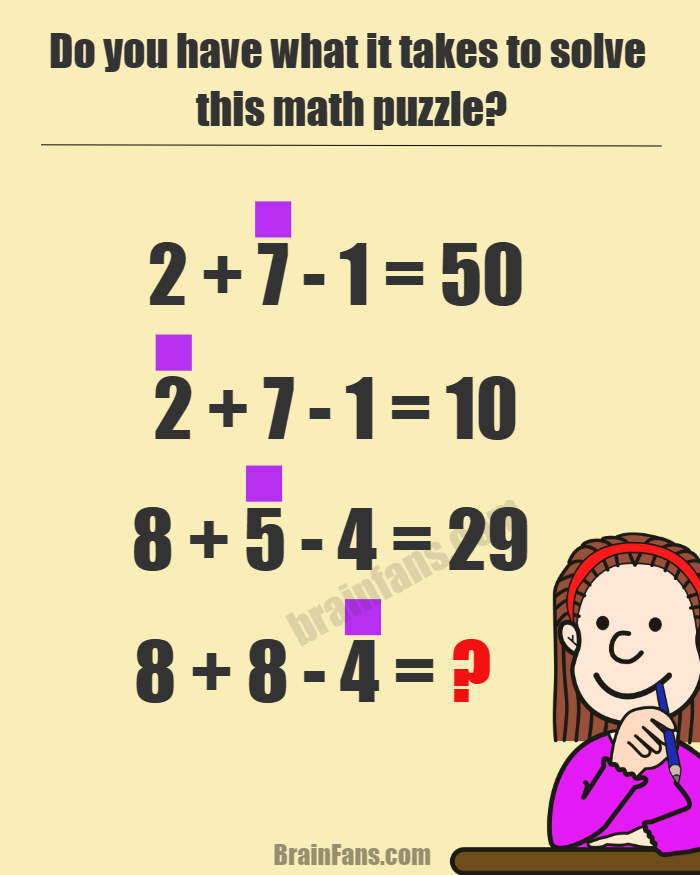 Brain teaser - Number And Math Puzzle - Do you have what it takes to solve this puzzle? - This picture is a math puzzle that challenges your logical thinking and numerical skills. Can you solve it by finding the missing value in red? It involves some numbers, symbols and operations that follow a certain pattern. The pattern is represented by a violet square. Do you have the skills to crack the code and get the right answer? Test your brain power and see if you can solve this math puzzle.