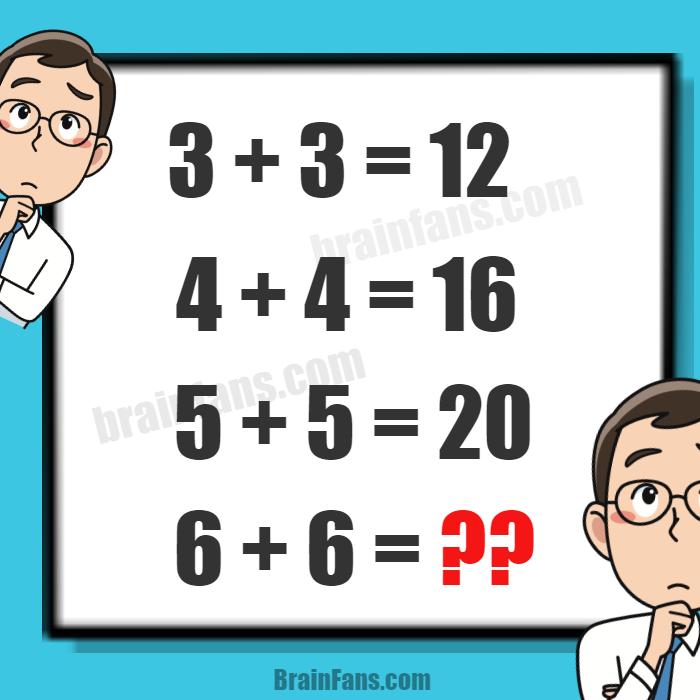 Brain teaser - Number And Math Puzzle - Math question with equations - Can you solve the following logical reasoning math puzzle? You have to find the logic and apply it to the equations.

3 + 3 = 12
4 + 4 = 16
5 + 5 = 20
6 + 6 =?