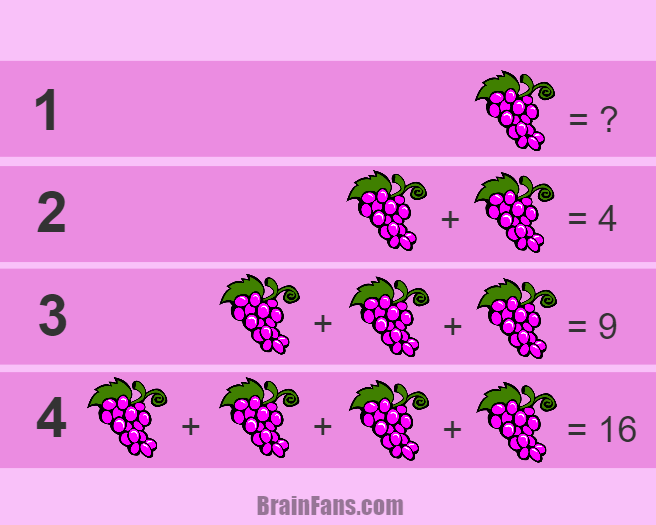 Brain teaser - Kids Riddles Logic Puzzle - math puzzle for kids - There are grapes on the picture. Which number is the grape equal? Based on four rows, solve this math puzzle for kids. 