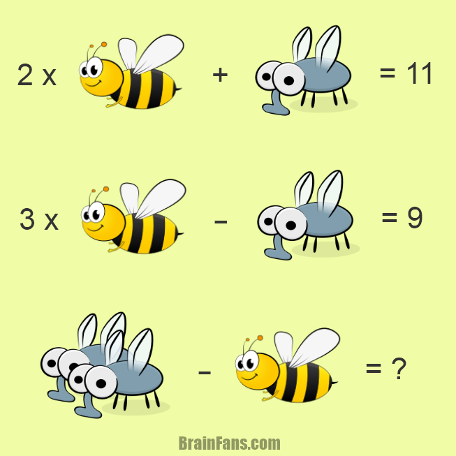 Brain teaser - Kids Riddles Logic Puzzle - mosquito & bee - Here is another maths puzzle with animals. This time can you solve mosquito & bee puzzle? Share this puzzle if you got the correct answer, thanks.

2x + y = 11
3x - y = 9
