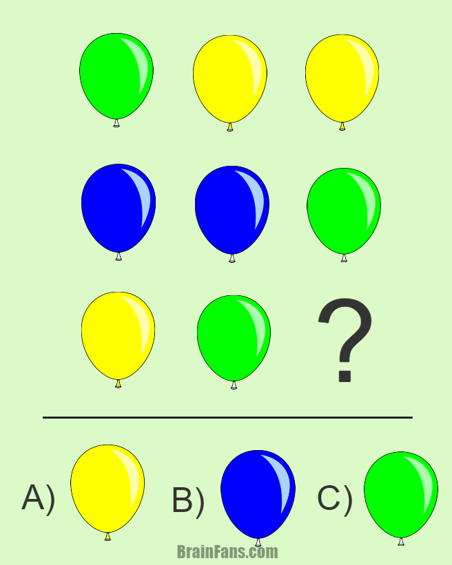 Brain teaser - Kids Riddles Logic Puzzle - riddle with balloons - Replace a question mark with a correct balloon. The possible answers: blue balloon, green balloon and yellow balloon.