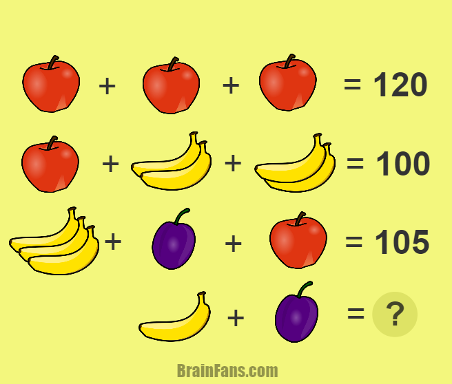 Brain teaser - Number And Math Puzzle - fruit brain teaser - This fun fruit brain teasers requires logical thinking. Can you find the numbers for different kind of fruit? There is an apple, banana and plum.