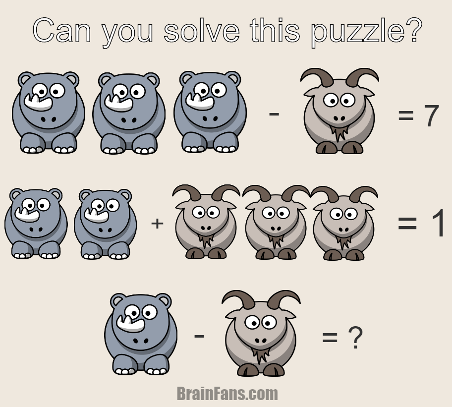 Brain teaser - Number And Math Puzzle - math for geniuses - Can you solve this math puzzle for geniuses? There is a goat and a rhino on the picture. Find numbers for them and show you are the genius!