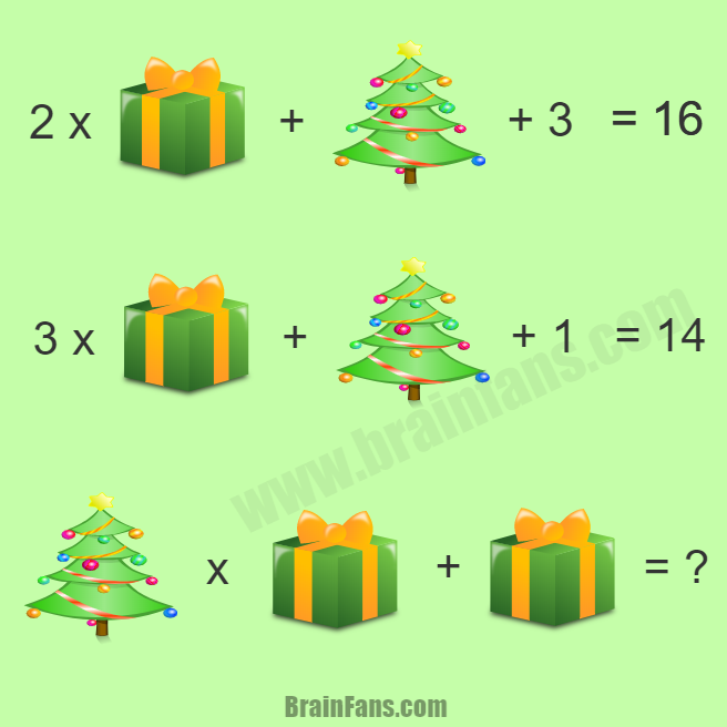 Brain teaser - Number And Math Puzzle - Merry Christmas Puzzle - Merry Christmas to all of the brain fans! Can you solve this math puzzle with one present and tree? Please share if you solved! Thanks! 