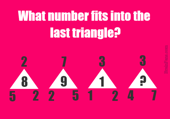 Brain teaser - Number And Math Puzzle - Number in a triangle - What number fits into the last triangle (maths puzzle)