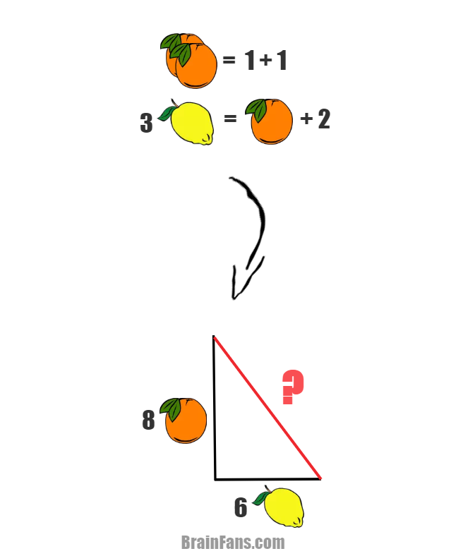Brain teaser - Number And Math Puzzle - pythagoras maths - This maths puzzle consists of two smaller puzzles. The first one is an equation with orange and lemon. Once you find the numbers for fruit, solve the second task. You can use Pythagoras math to solve it. What is the missing number? 