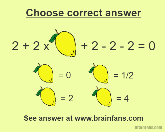 Brain teaser - Picture Logic Puzzle - Lemon number - There is an equation. Choose between four answers. Which number does the lemon represent?